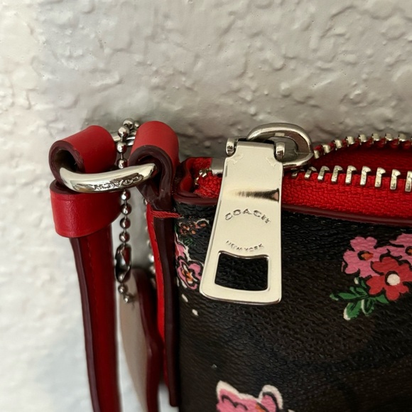 Coach Signature Canvas Leather Crossbody East West Pop Brown Floral Red Pink - Picture 4 of 9